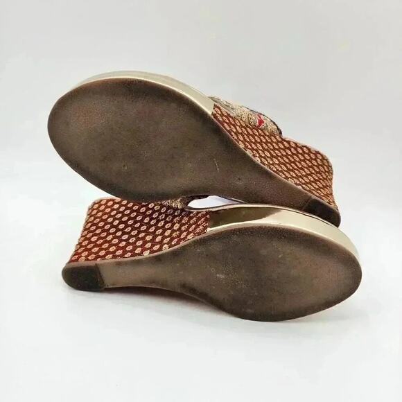 Gold Heels Platform Block High Red Bridal Embroidered Embellished Sandals Size 7 - Picture 5 of 5